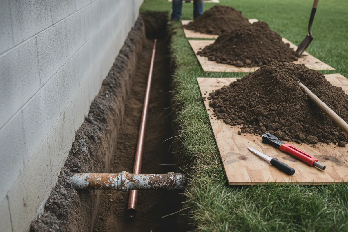Excavated water line trench during Water Softener Installation in Lorraine